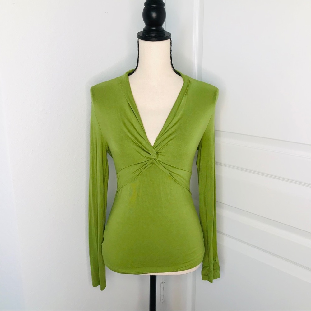 Ann Taylor Green Slim Ruched Ribbed Long Sleeve V-neck Top Size S